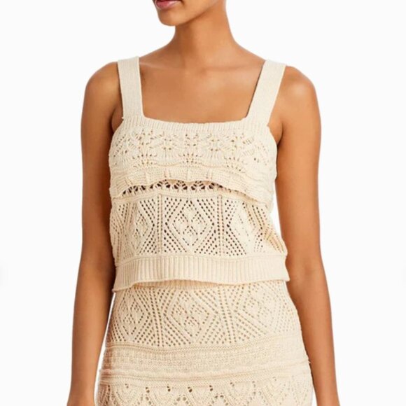 NWT Lucy Paris Beige Chunky Knit Crochet Lace Crop Top‎ Square Neck Tank Top Tee - Picture 1 of 3